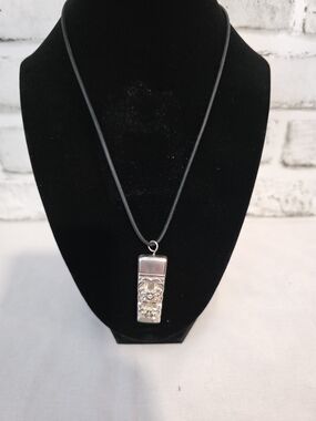 Silver Floral Rectangular Bell Pendant Necklace with Black Cord